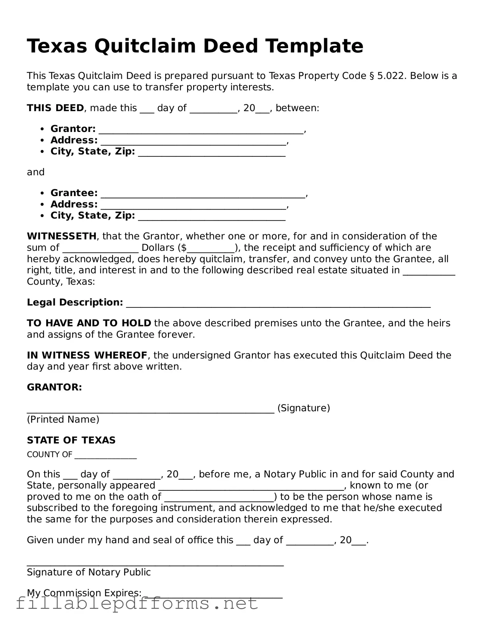 Attorney-Verified Quitclaim Deed Form for Texas State