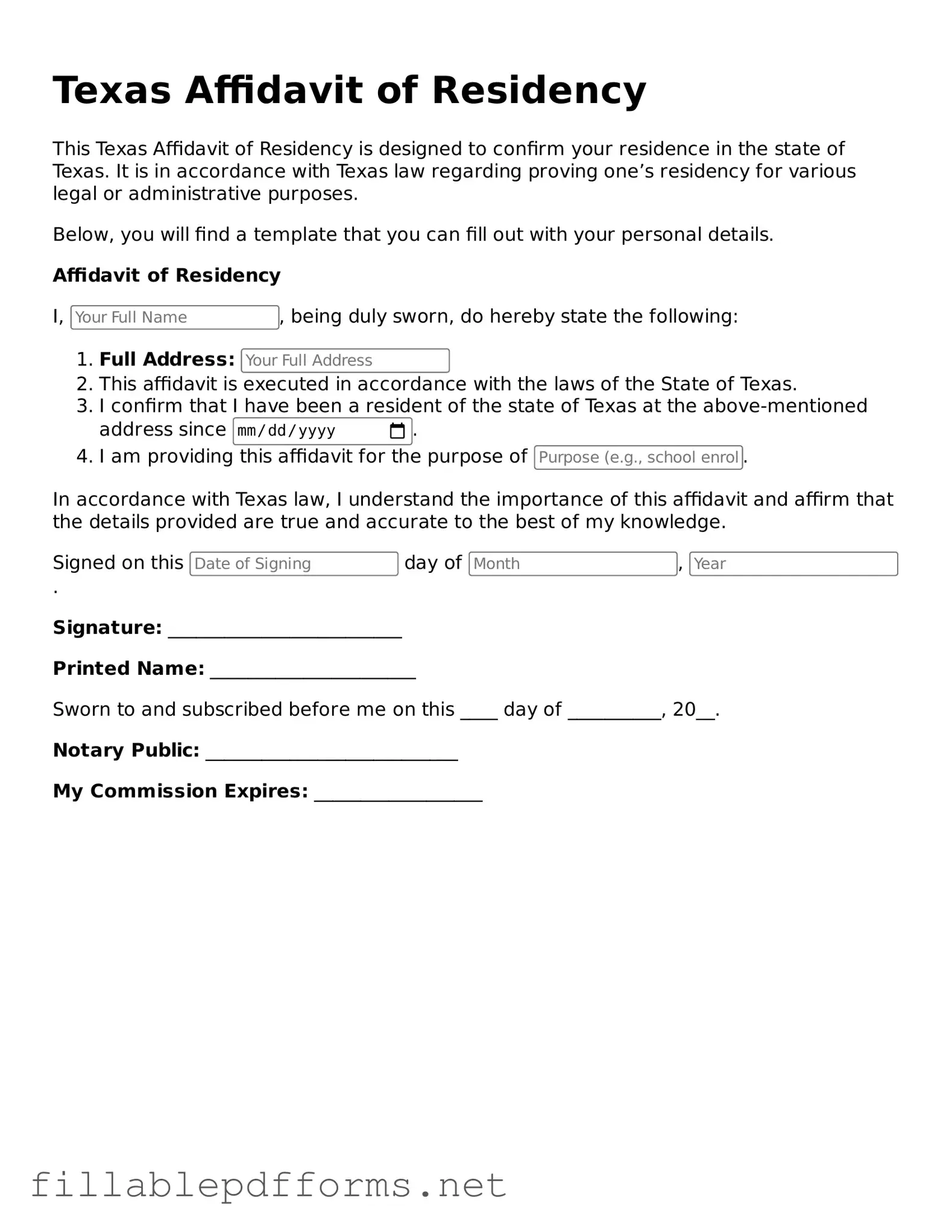 Attorney-Verified Affidavit of Residency Form for Texas State