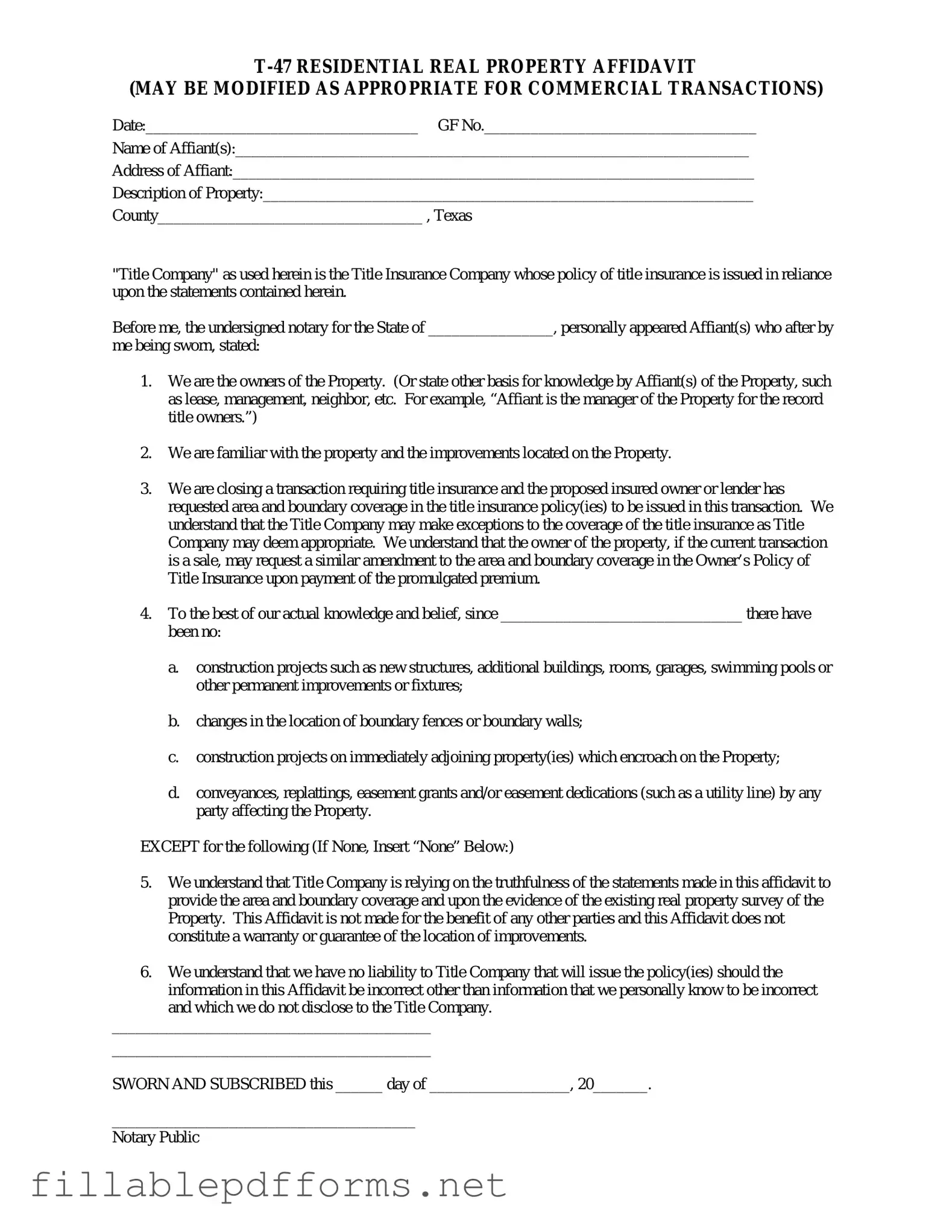 Texas residential property affidavit T-47 PDF Template