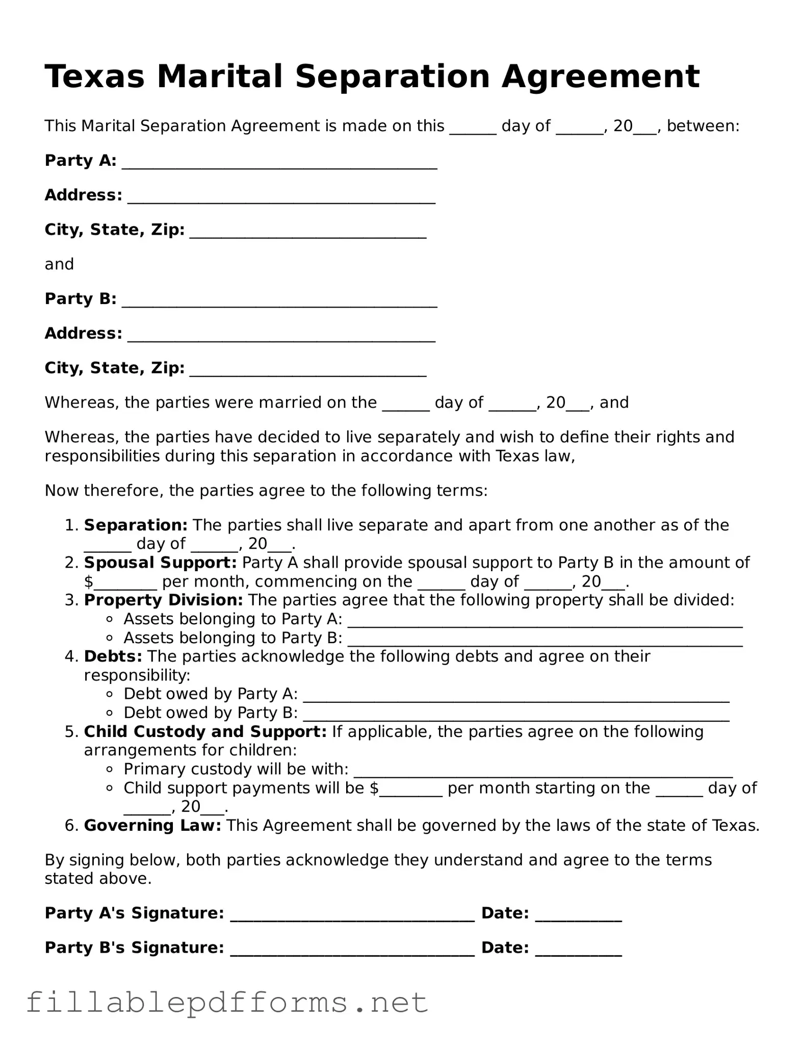 Attorney-Verified Marital Separation Agreement Form for Texas State