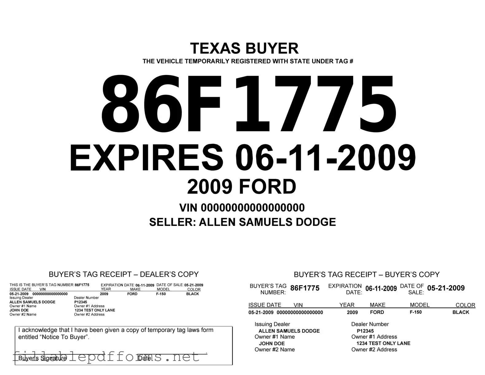 Texas Temporary Tag PDF Template