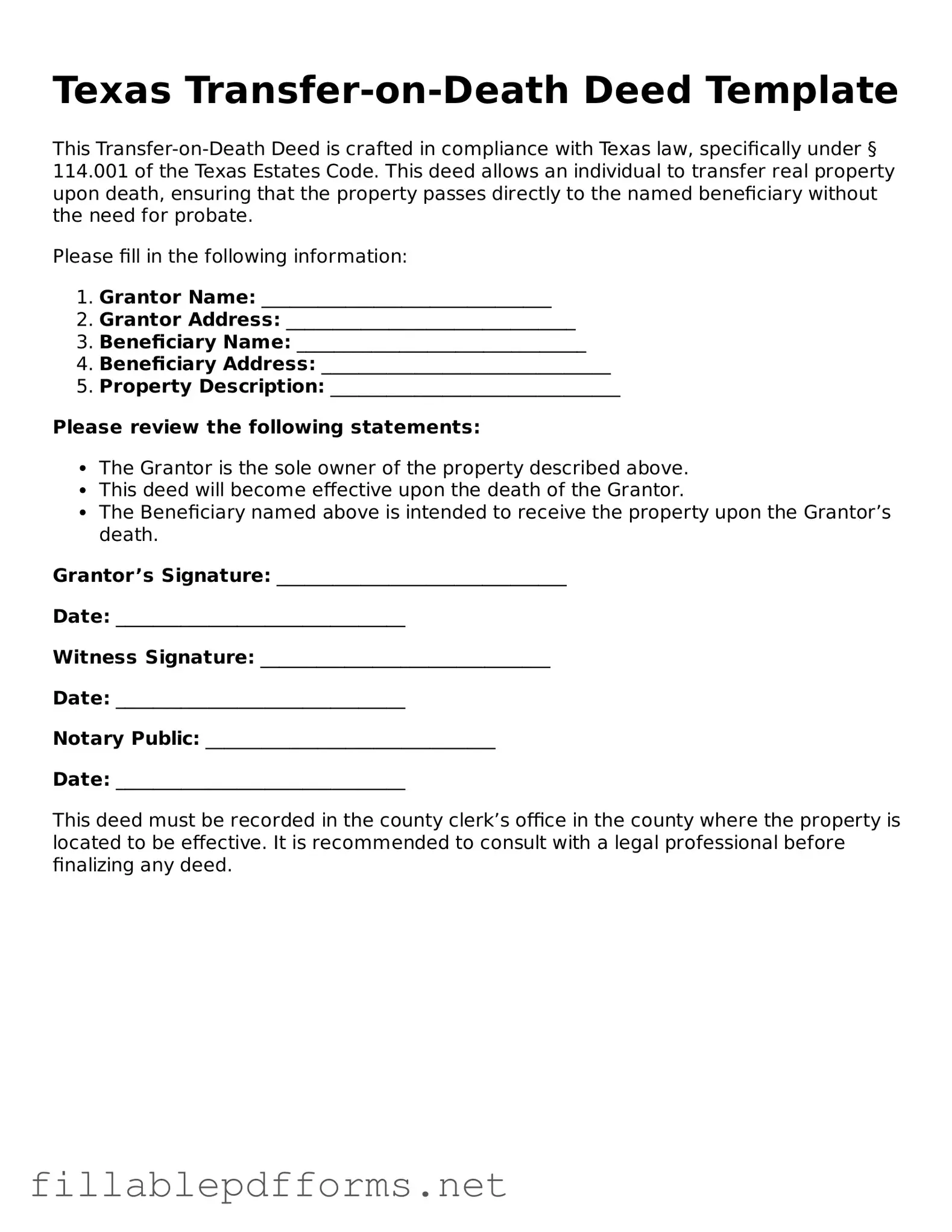 Attorney-Verified Transfer-on-Death Deed Form for Texas State