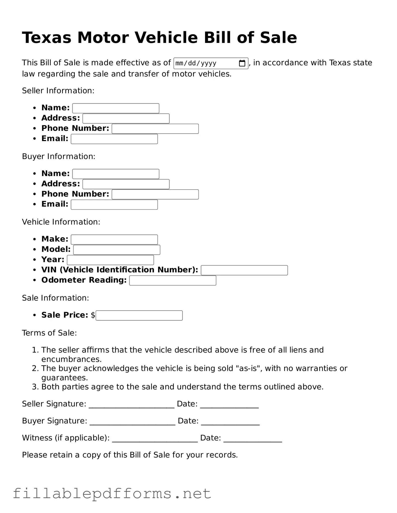 Attorney-Verified Motor Vehicle Bill of Sale Form for Texas State