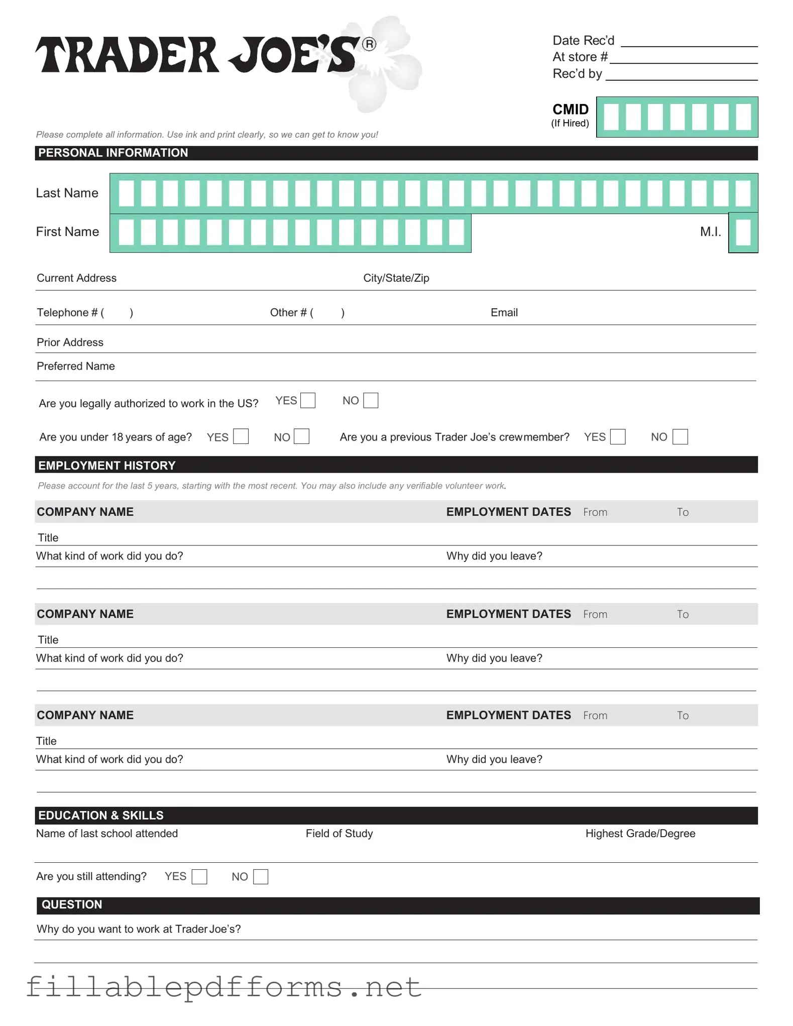 Trader Joe's application PDF Template