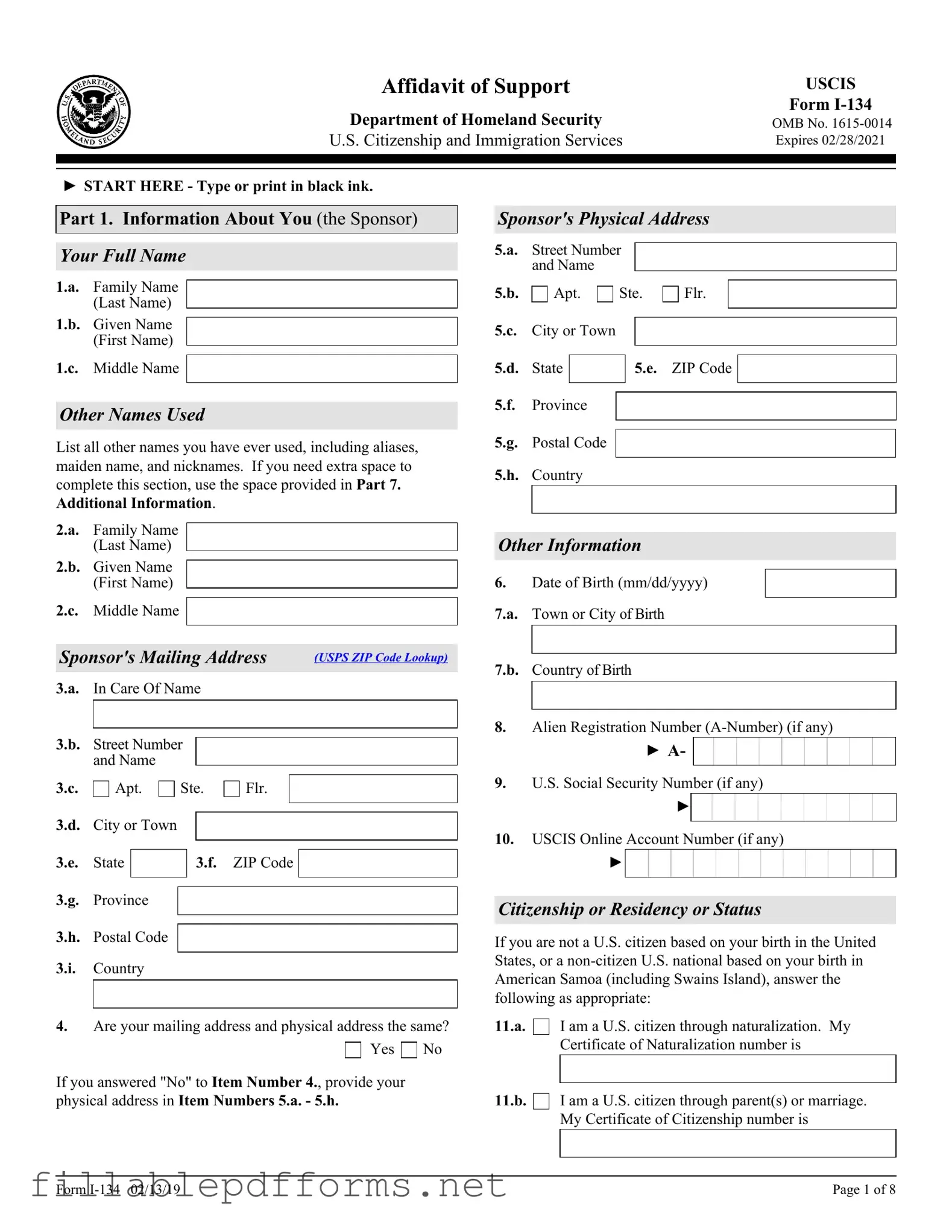 USCIS I-134 PDF Template