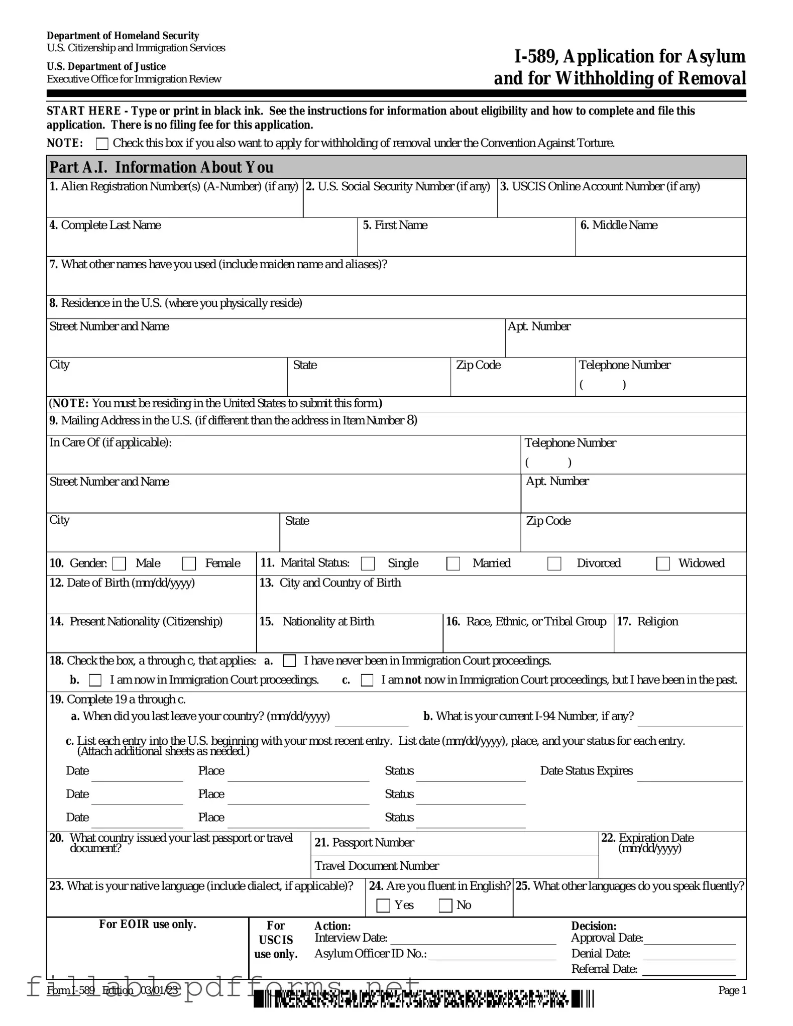 USCIS I-589 PDF Template