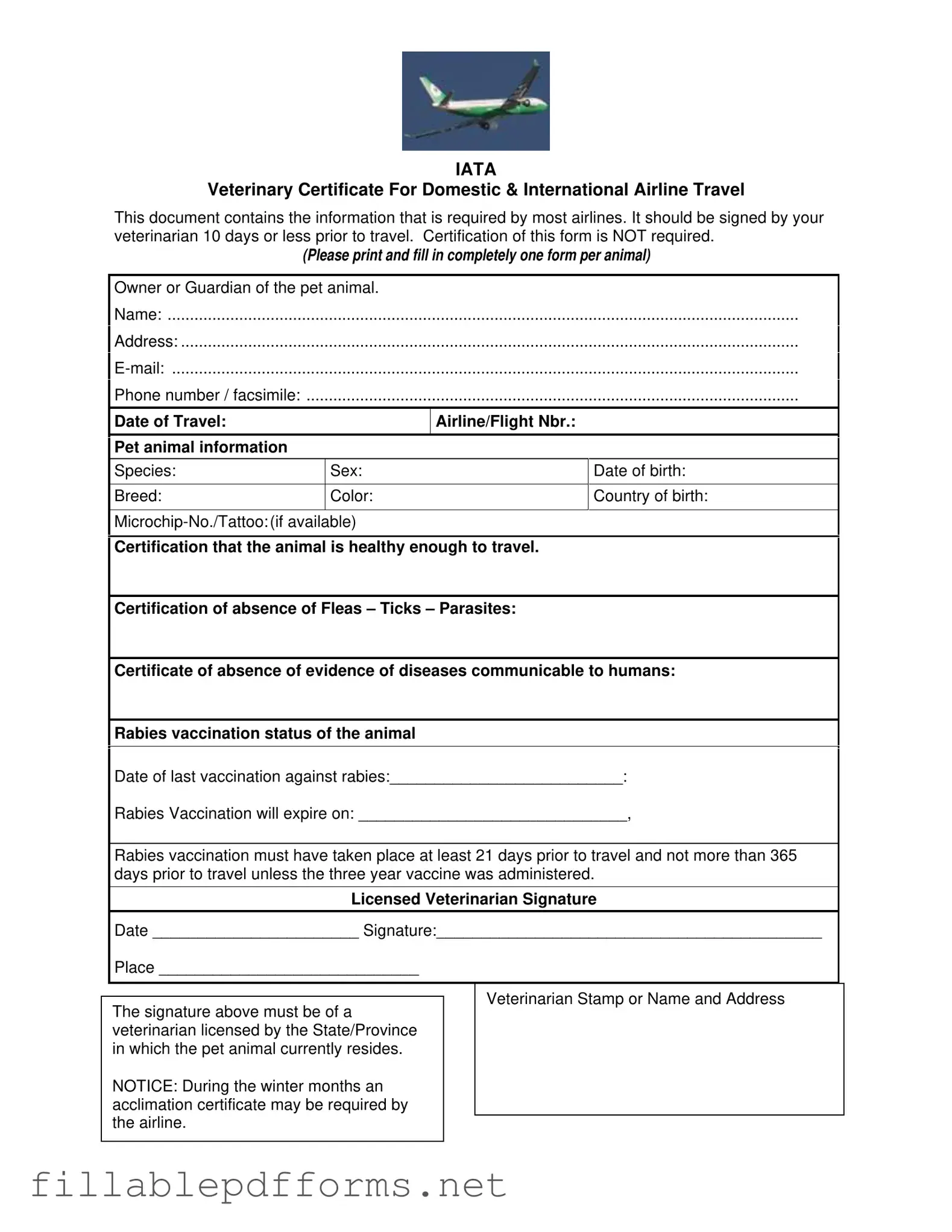 Veterinary Certificate Travel PDF Template