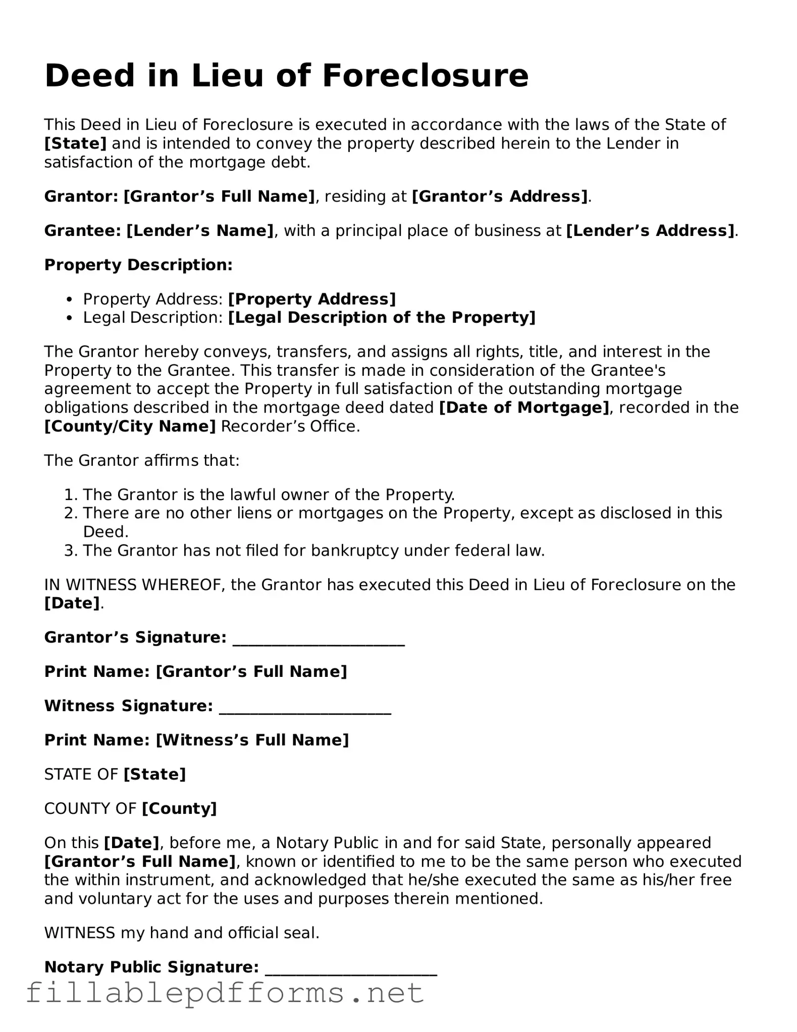 Blank Deed in Lieu of Foreclosure Template