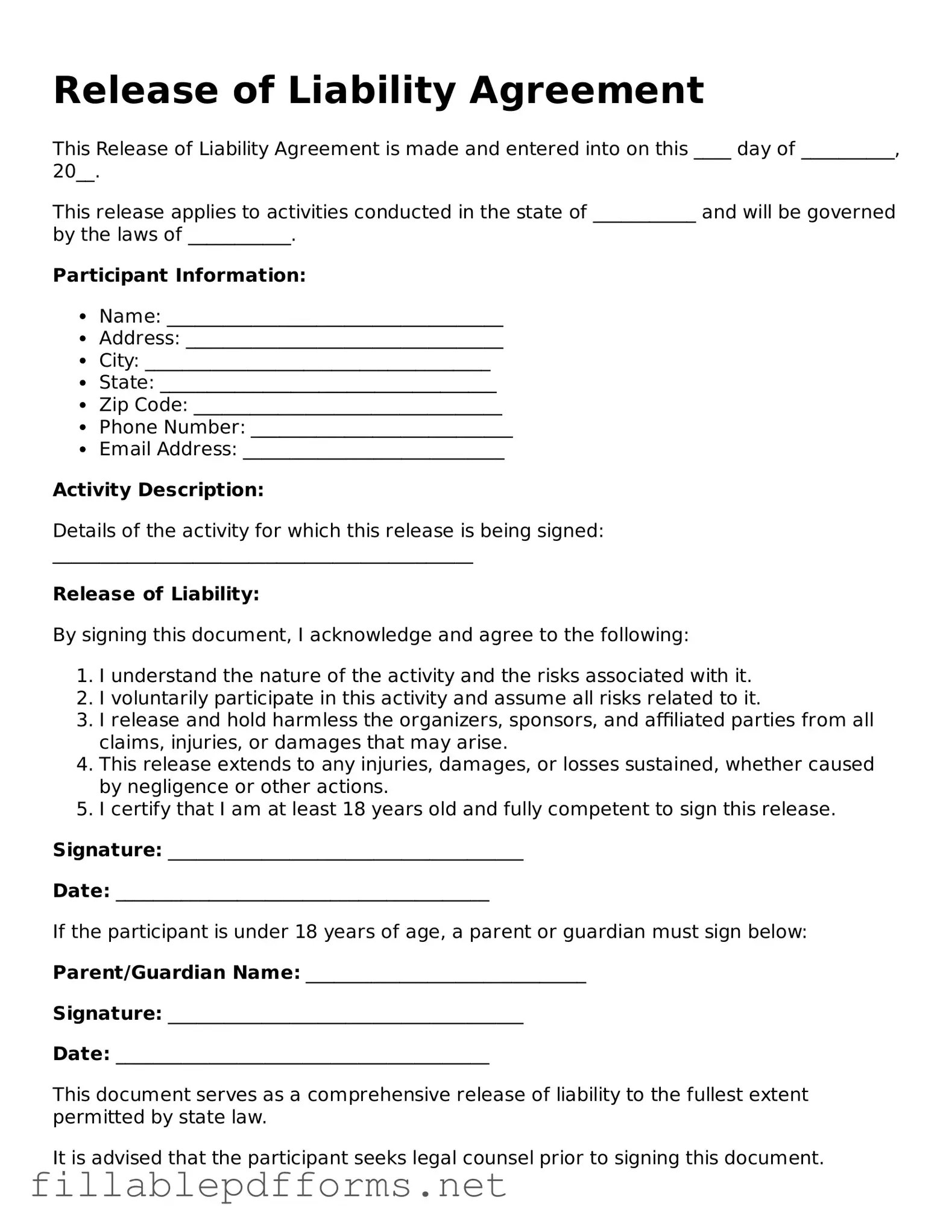 Blank Release of Liability Template
