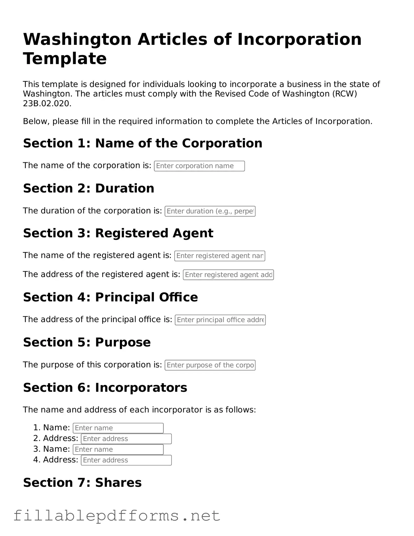 Attorney-Verified Articles of Incorporation Form for Washington State