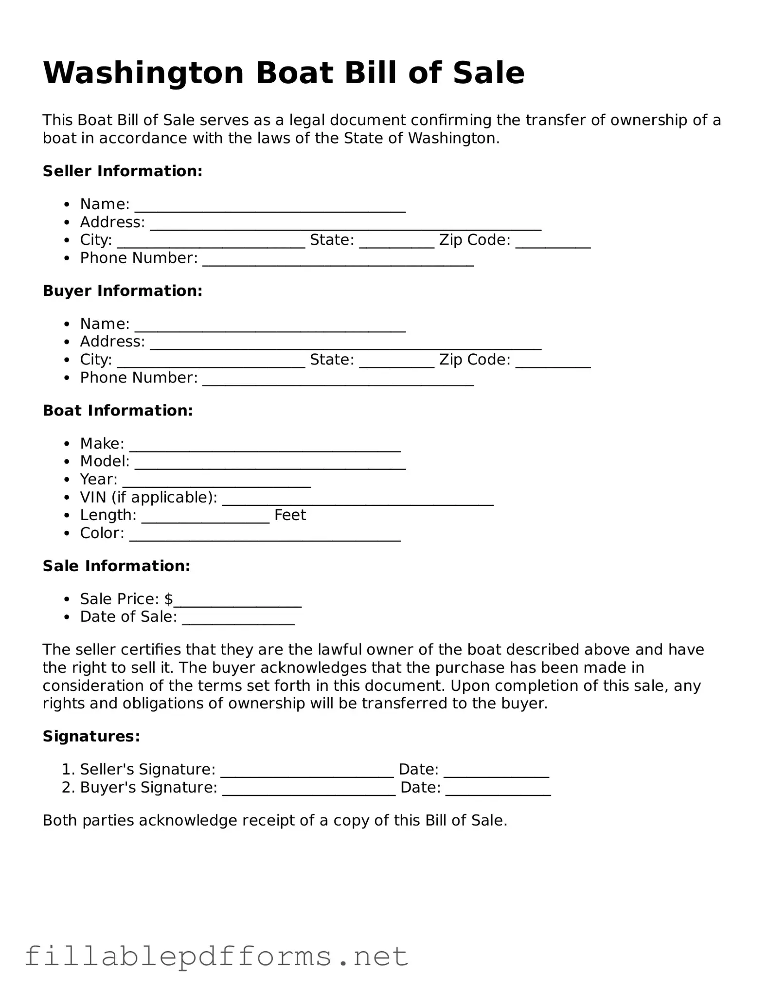 Attorney-Verified Boat Bill of Sale Form for Washington State