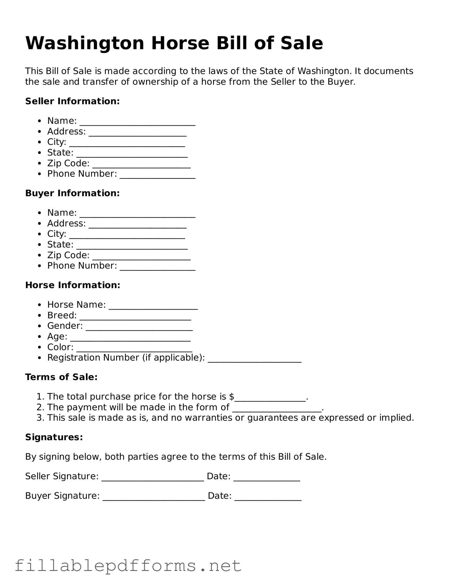 Attorney-Verified Horse Bill of Sale Form for Washington State