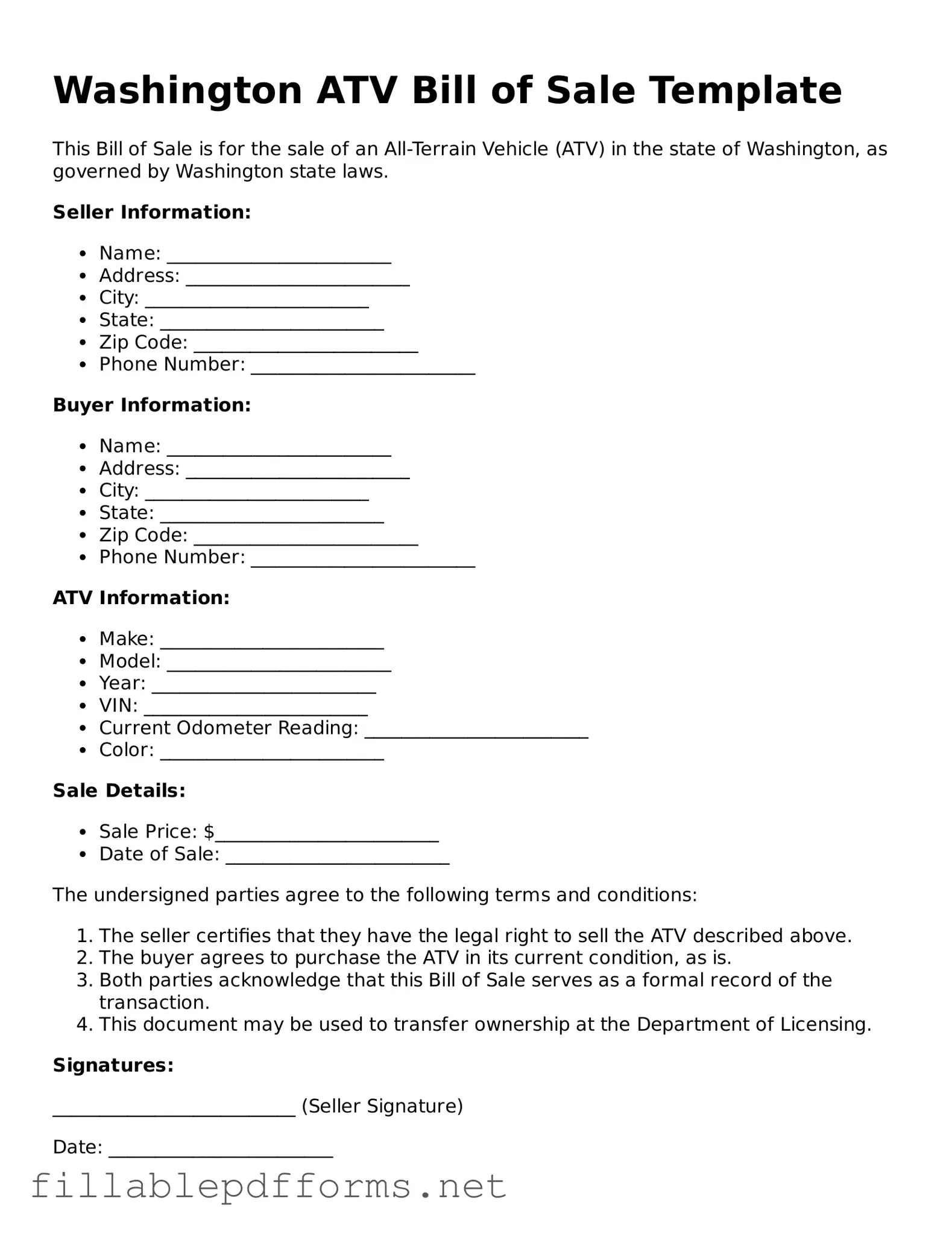Attorney-Verified ATV Bill of Sale Form for Washington State