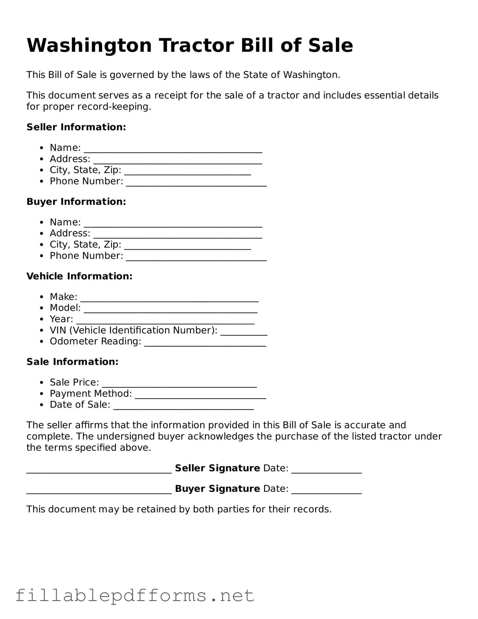 Attorney-Verified Tractor Bill of Sale Form for Washington State