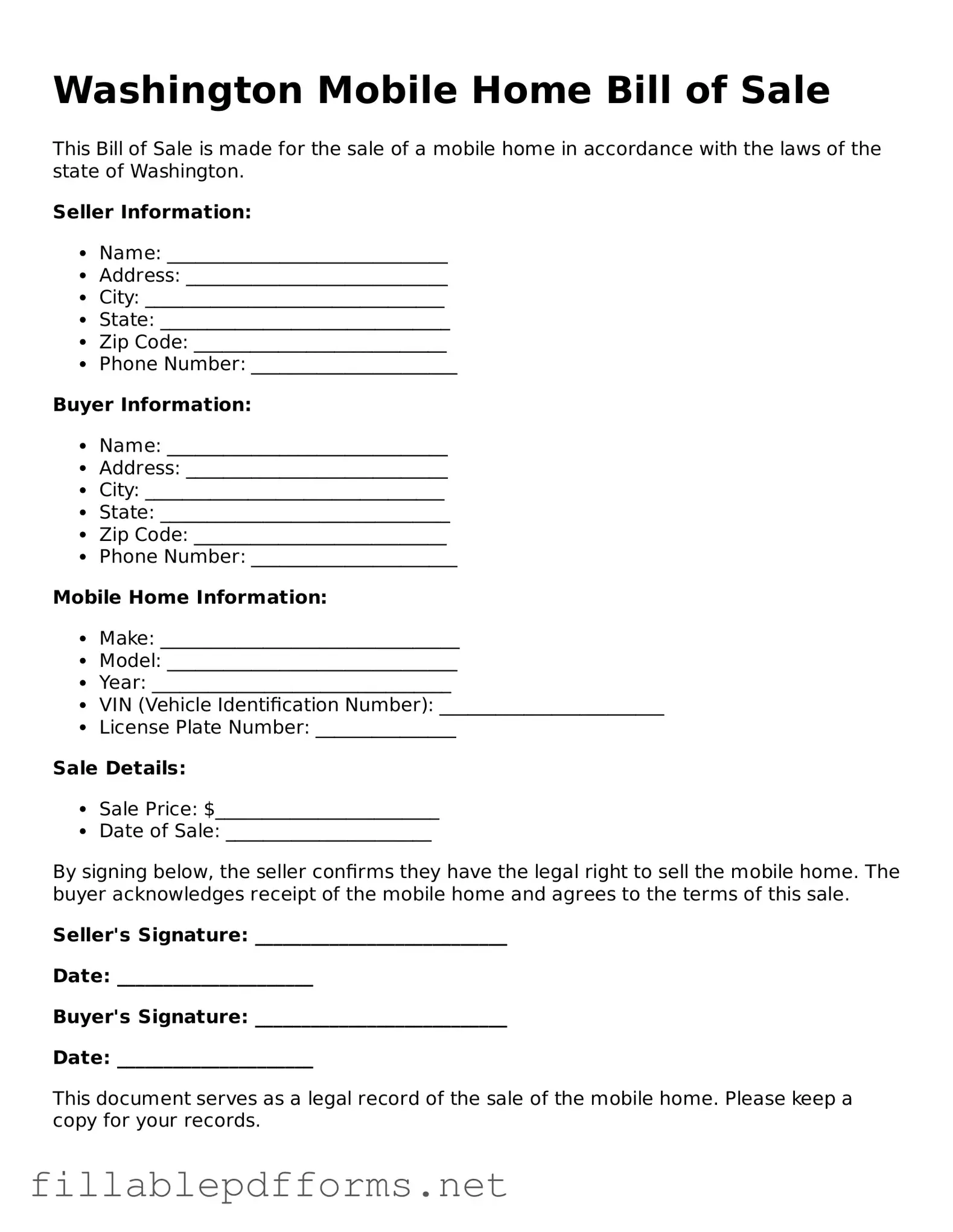 Attorney-Verified Mobile Home Bill of Sale Form for Washington State
