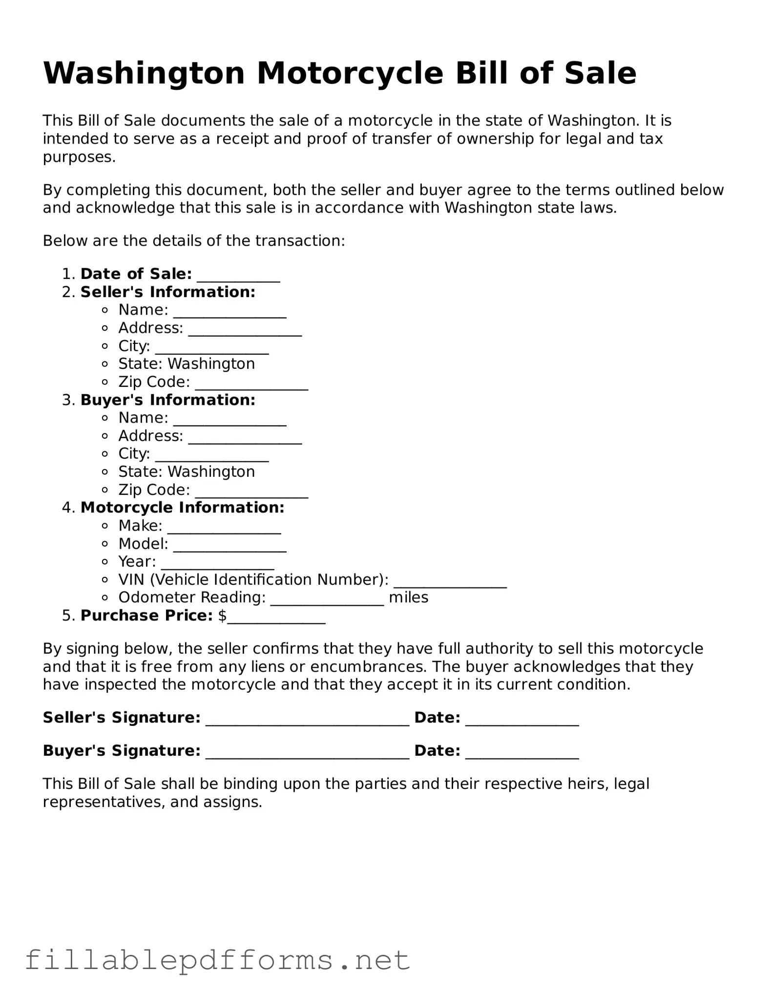 Attorney-Verified Motorcycle Bill of Sale Form for Washington State