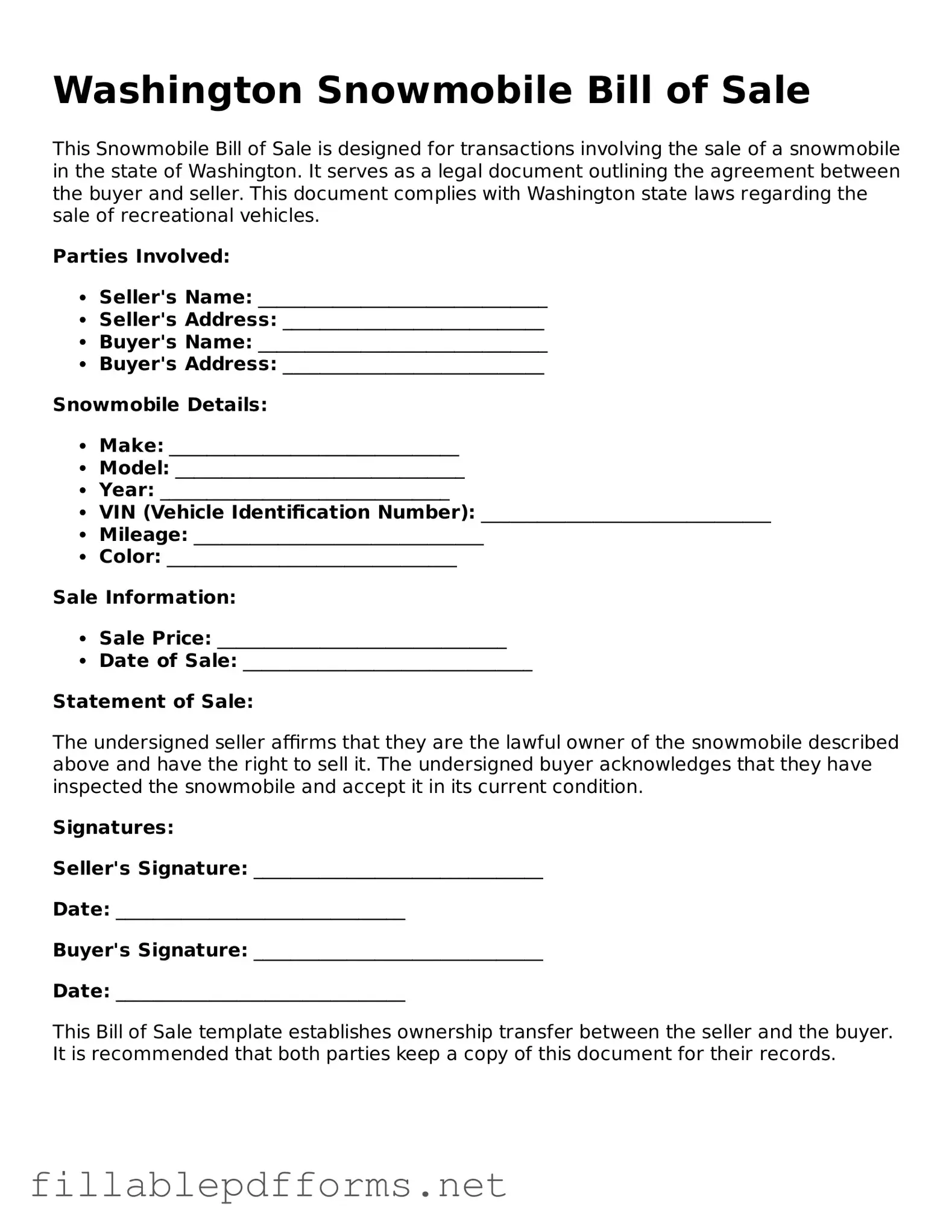 Attorney-Verified Snowmobile Bill of Sale Form for Washington State