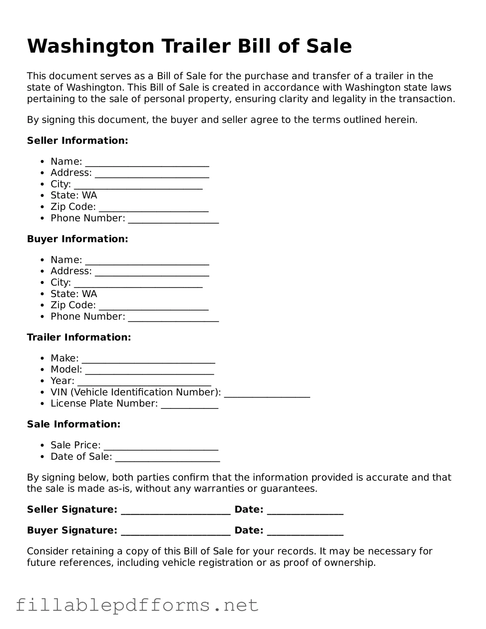 Attorney-Verified Trailer Bill of Sale Form for Washington State