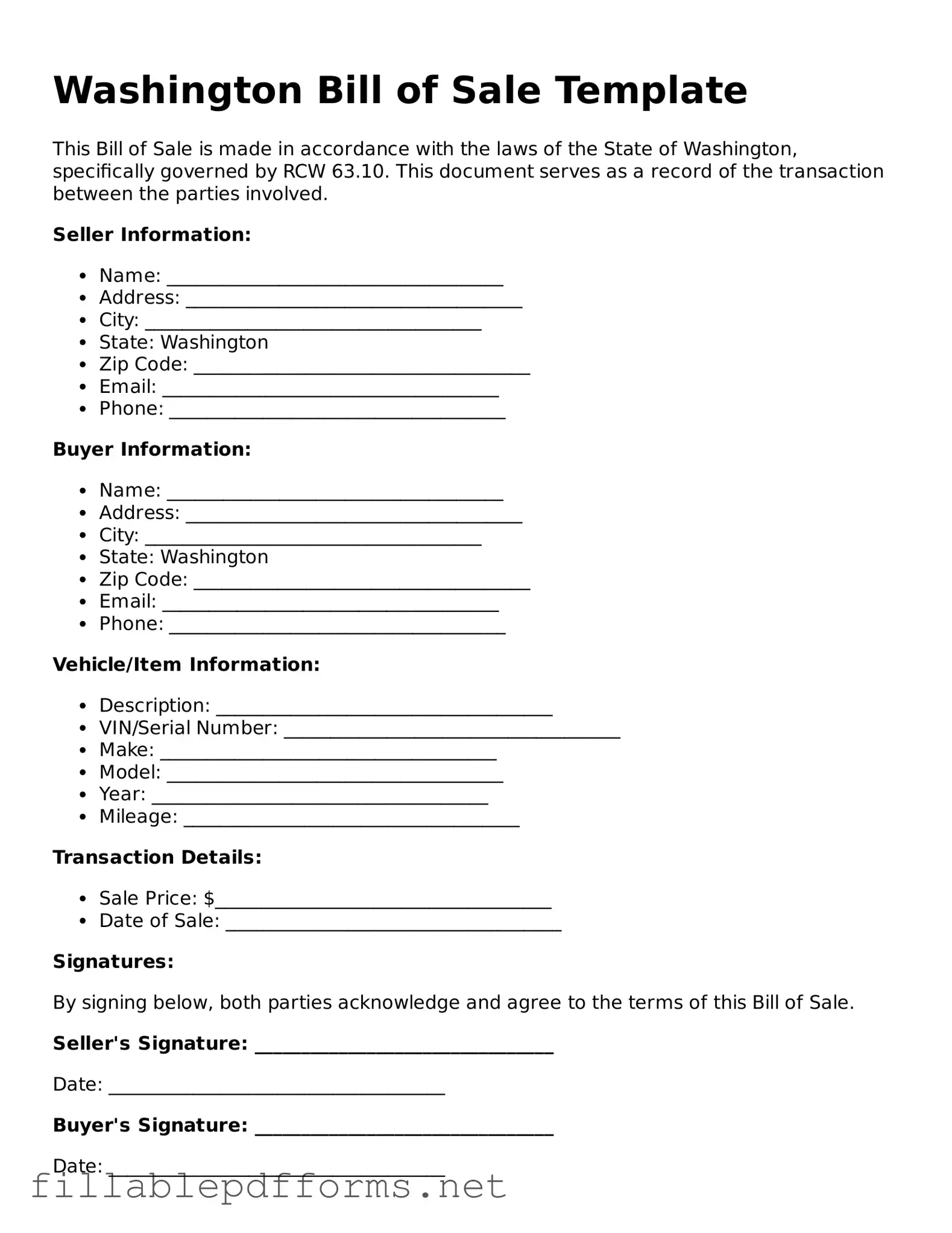 Attorney-Verified Bill of Sale Form for Washington State