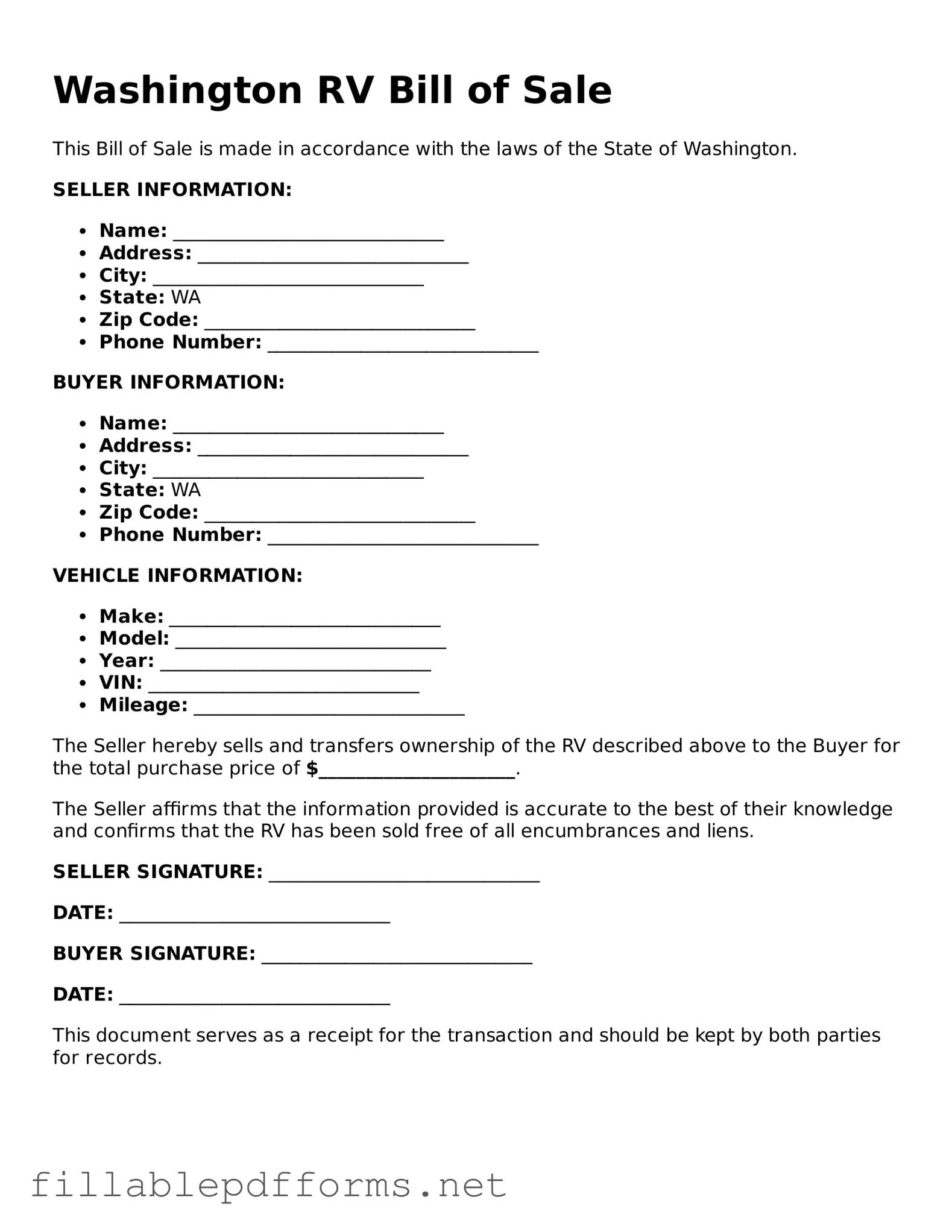 Attorney-Verified RV Bill of Sale Form for Washington State