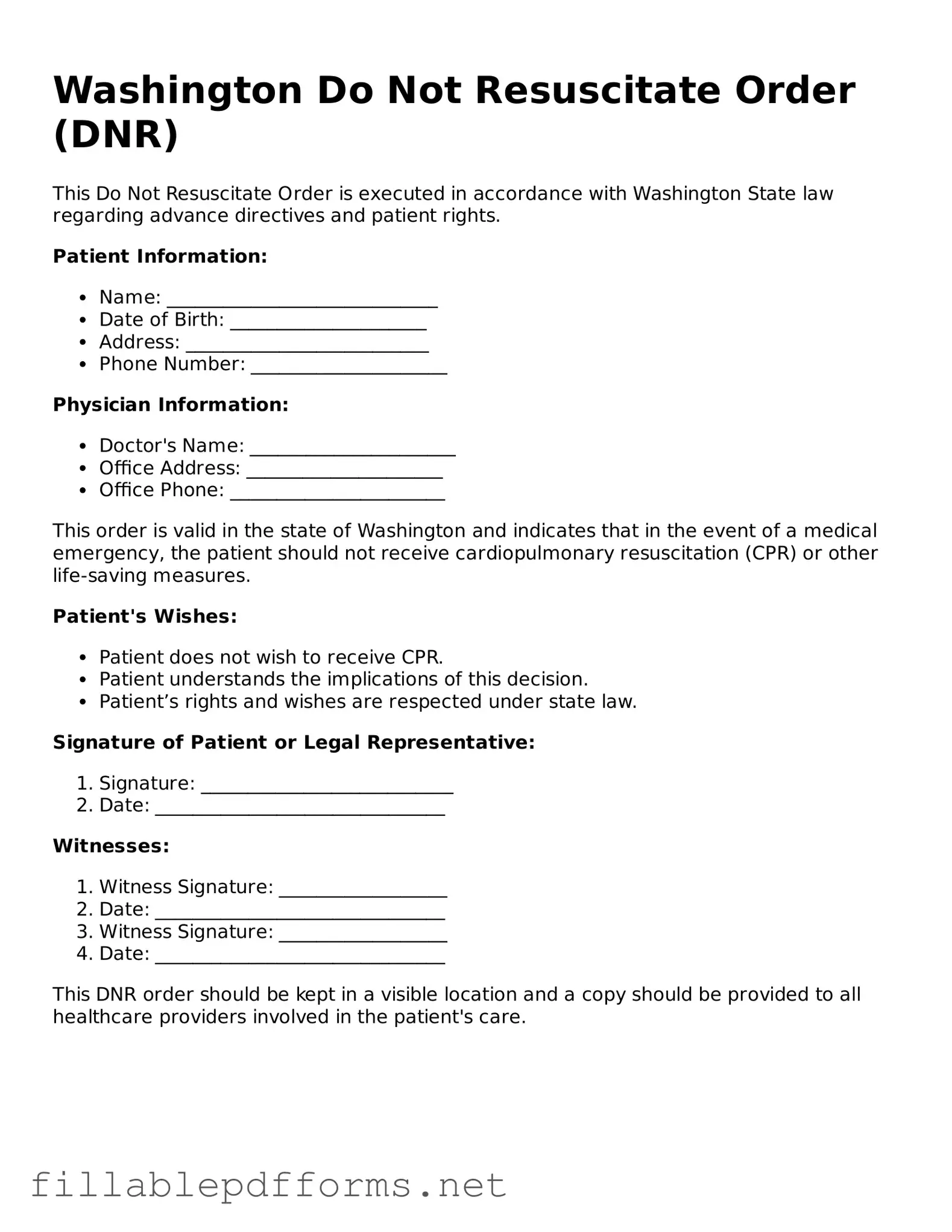 Attorney-Verified Do Not Resuscitate Order Form for Washington State