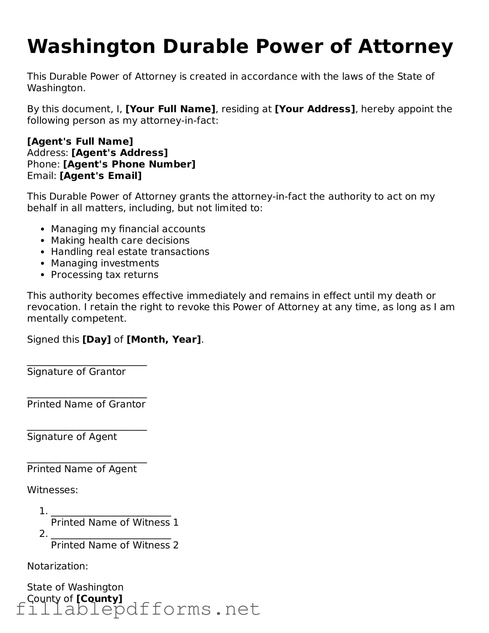 Attorney-Verified Durable Power of Attorney Form for Washington State