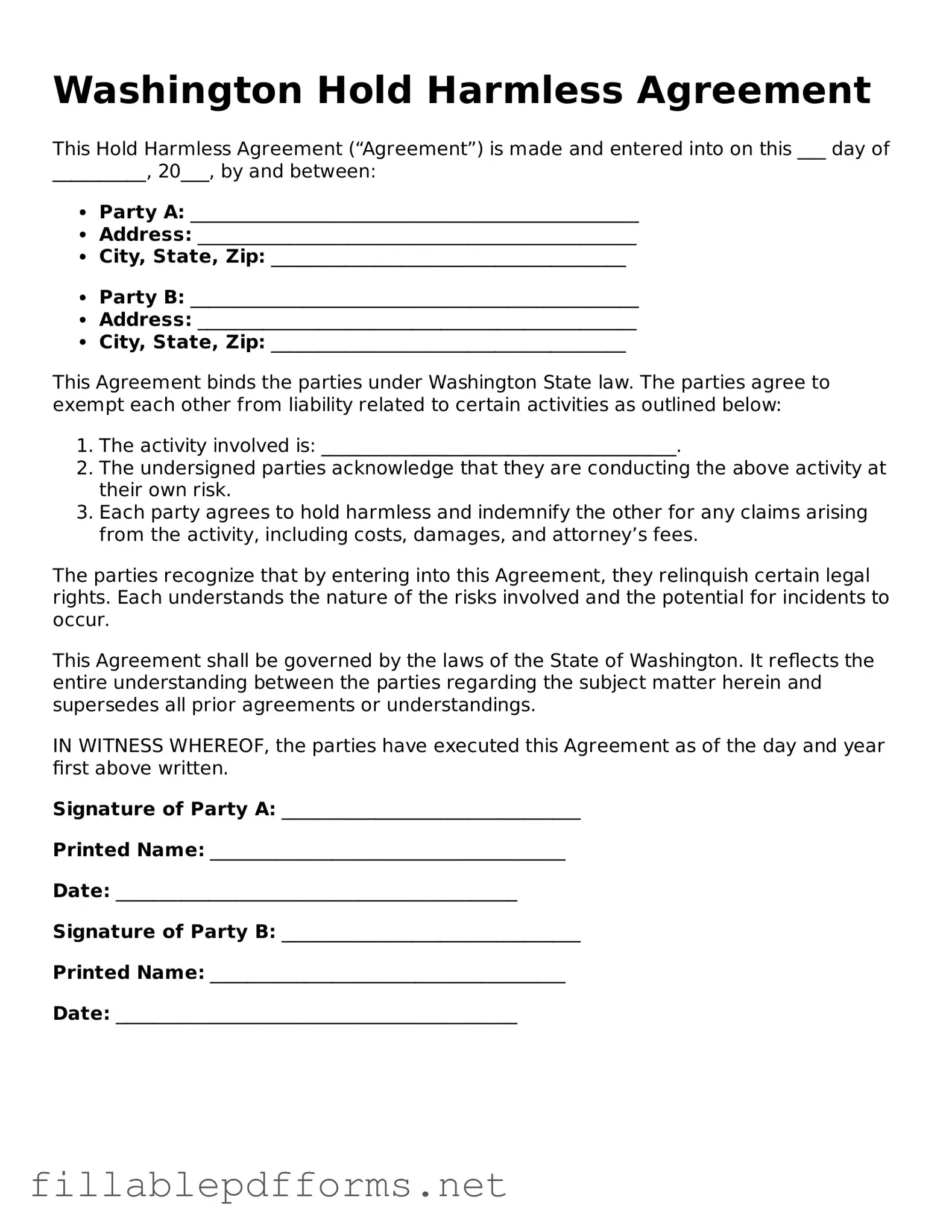 Attorney-Verified Hold Harmless Agreement Form for Washington State