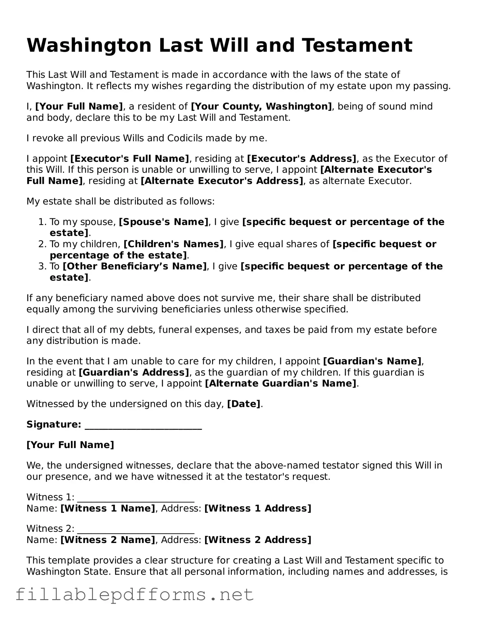 Attorney-Verified Last Will and Testament Form for Washington State