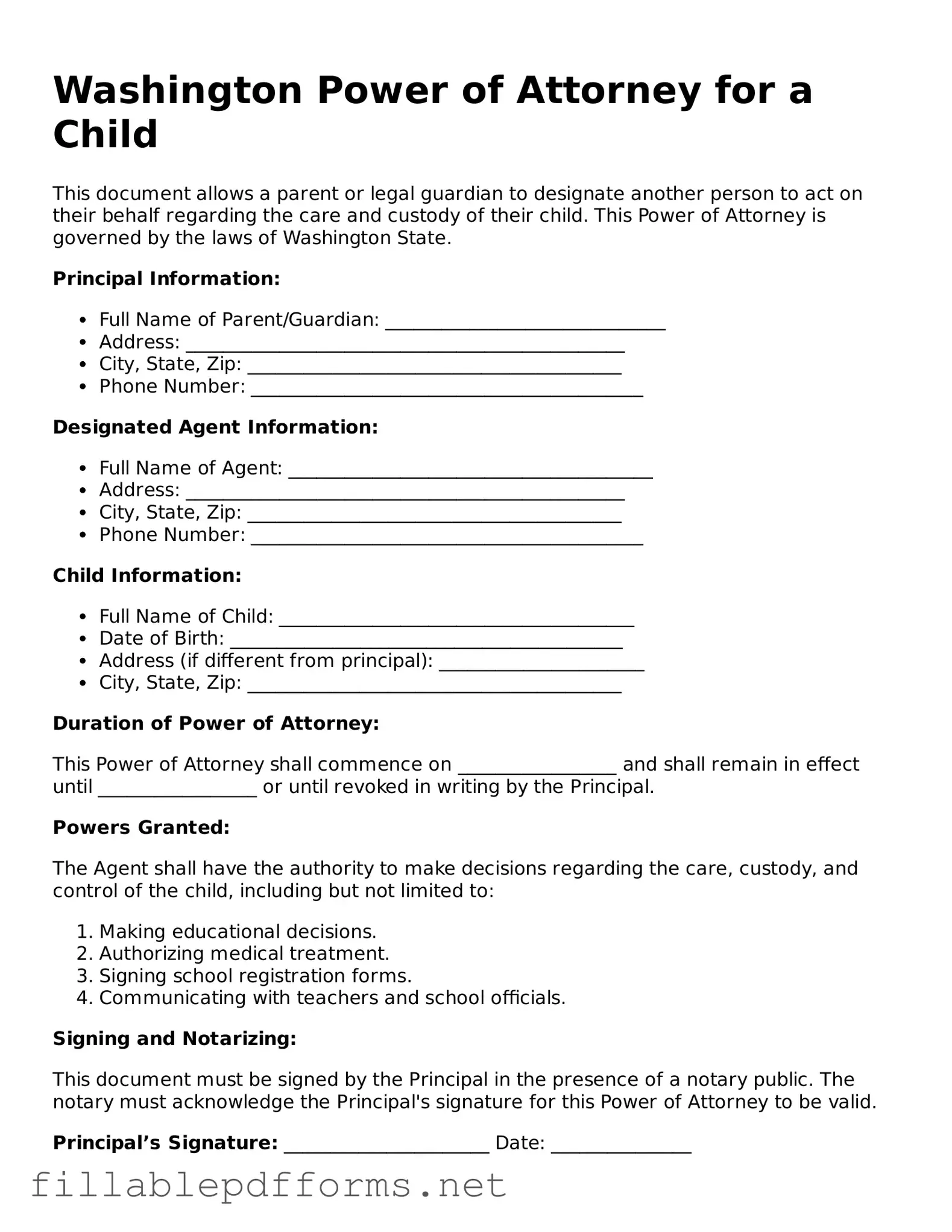 Attorney-Verified Power of Attorney for a Child Form for Washington State