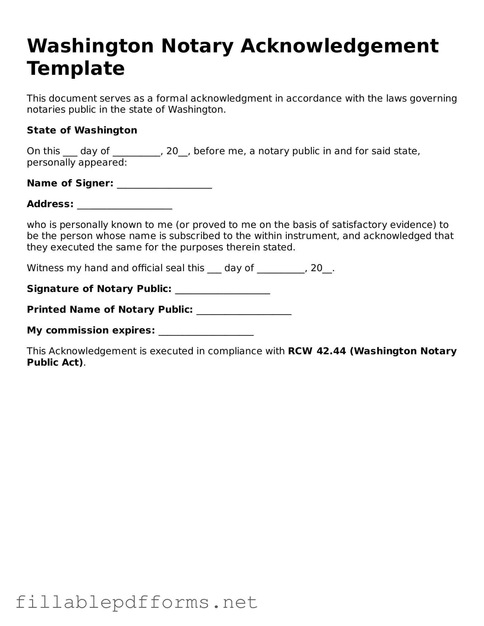 Attorney-Verified Notary Acknowledgement Form for Washington State