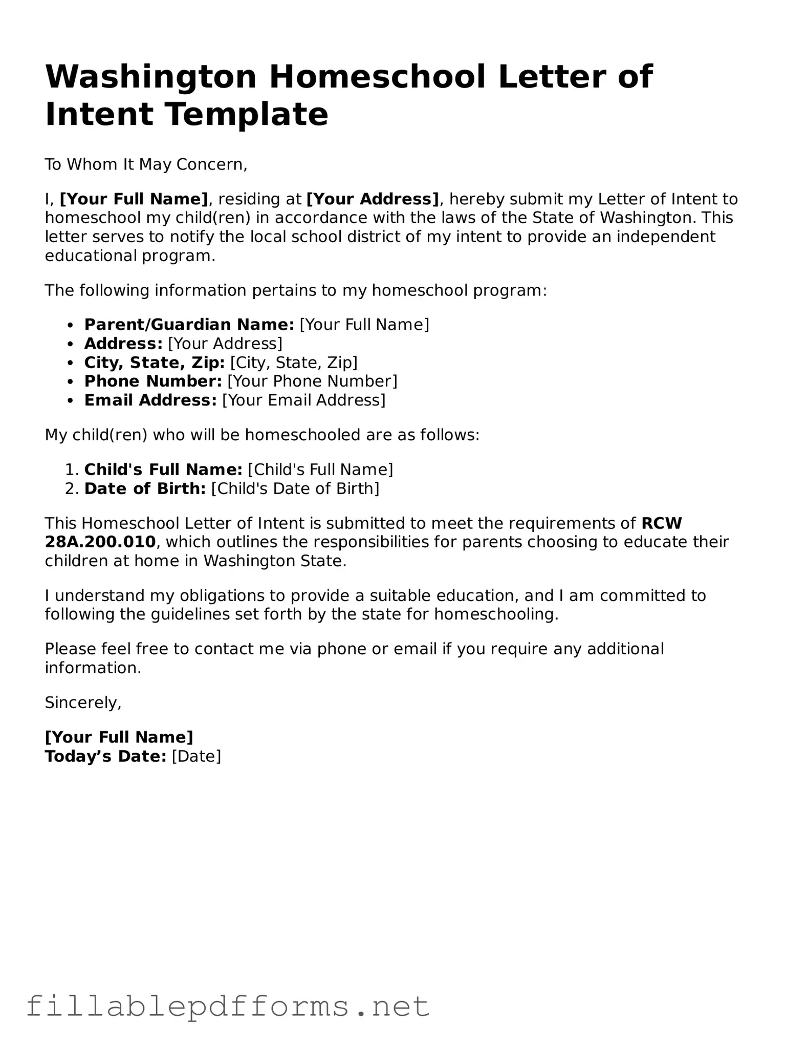 Attorney-Verified Homeschool Letter of Intent Form for Washington State