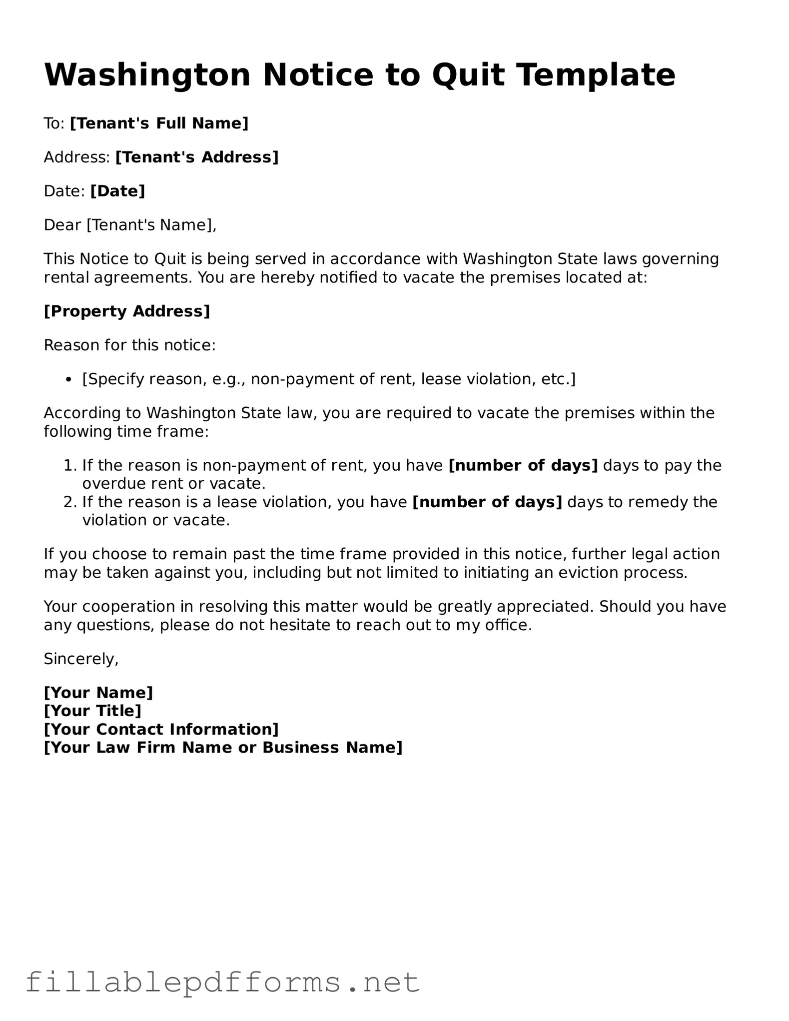 Attorney-Verified Notice to Quit Form for Washington State