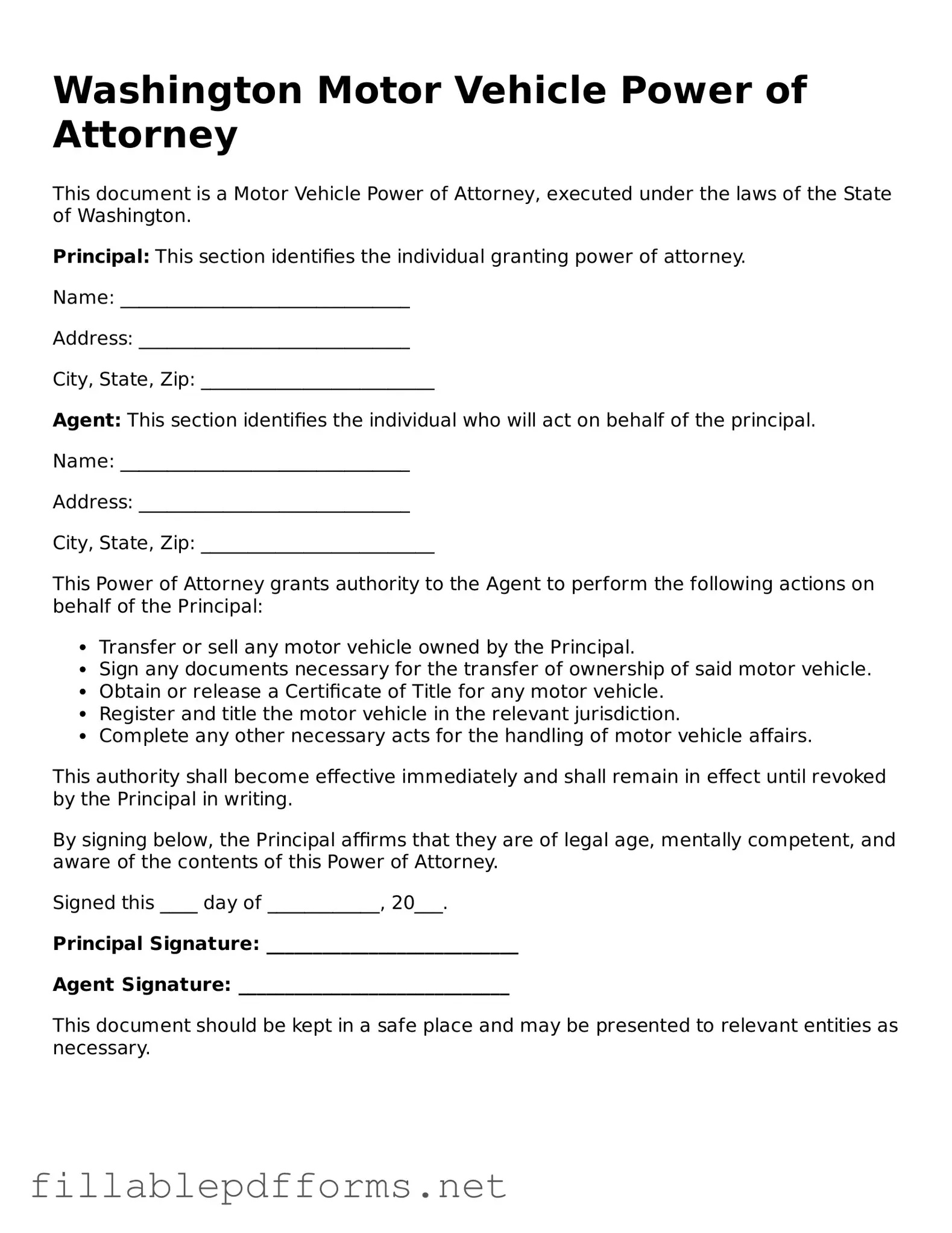 Attorney-Verified Motor Vehicle Power of Attorney Form for Washington State