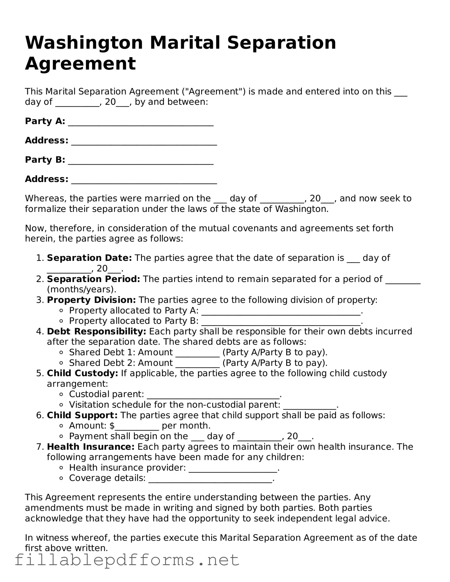 Attorney-Verified Marital Separation Agreement Form for Washington State