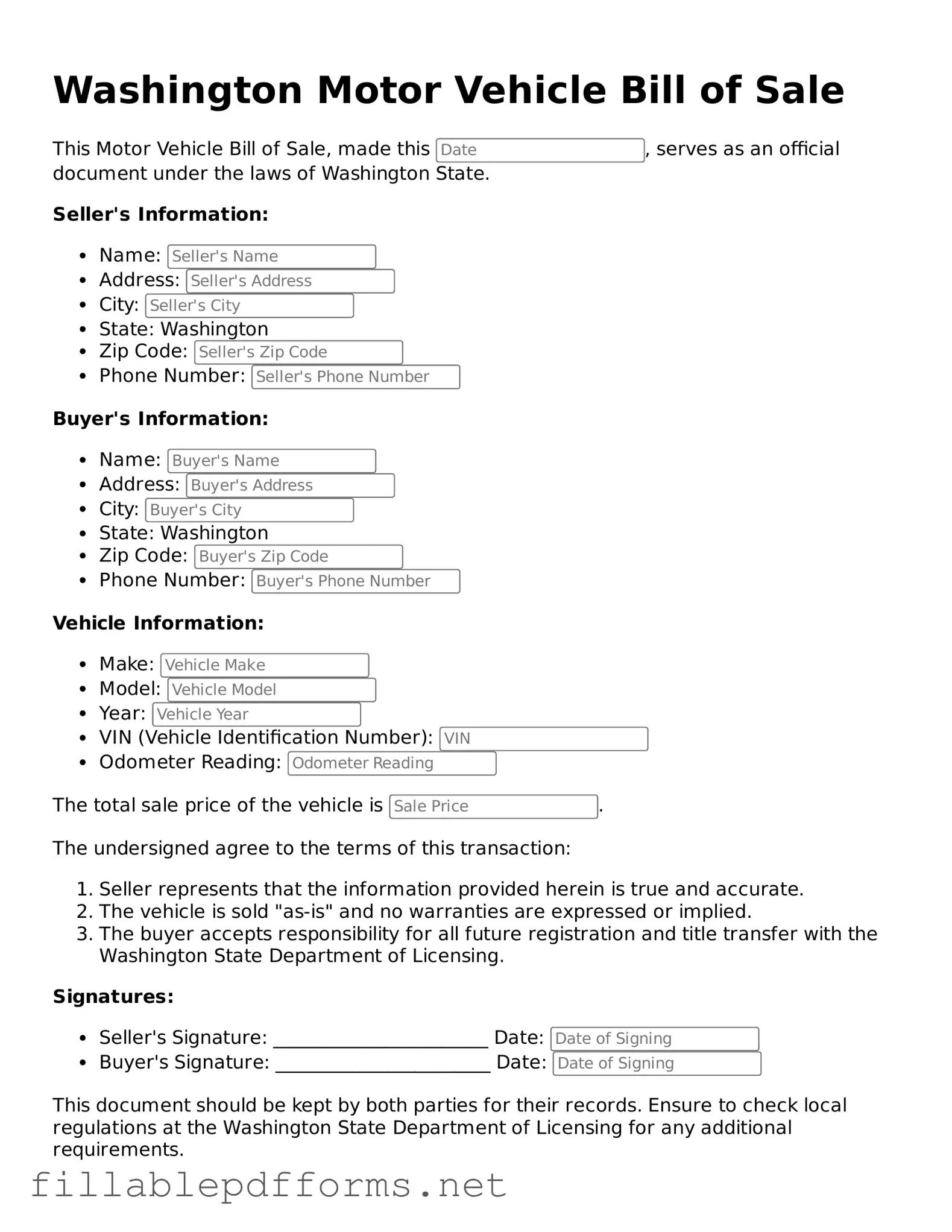 Attorney-Verified Motor Vehicle Bill of Sale Form for Washington State