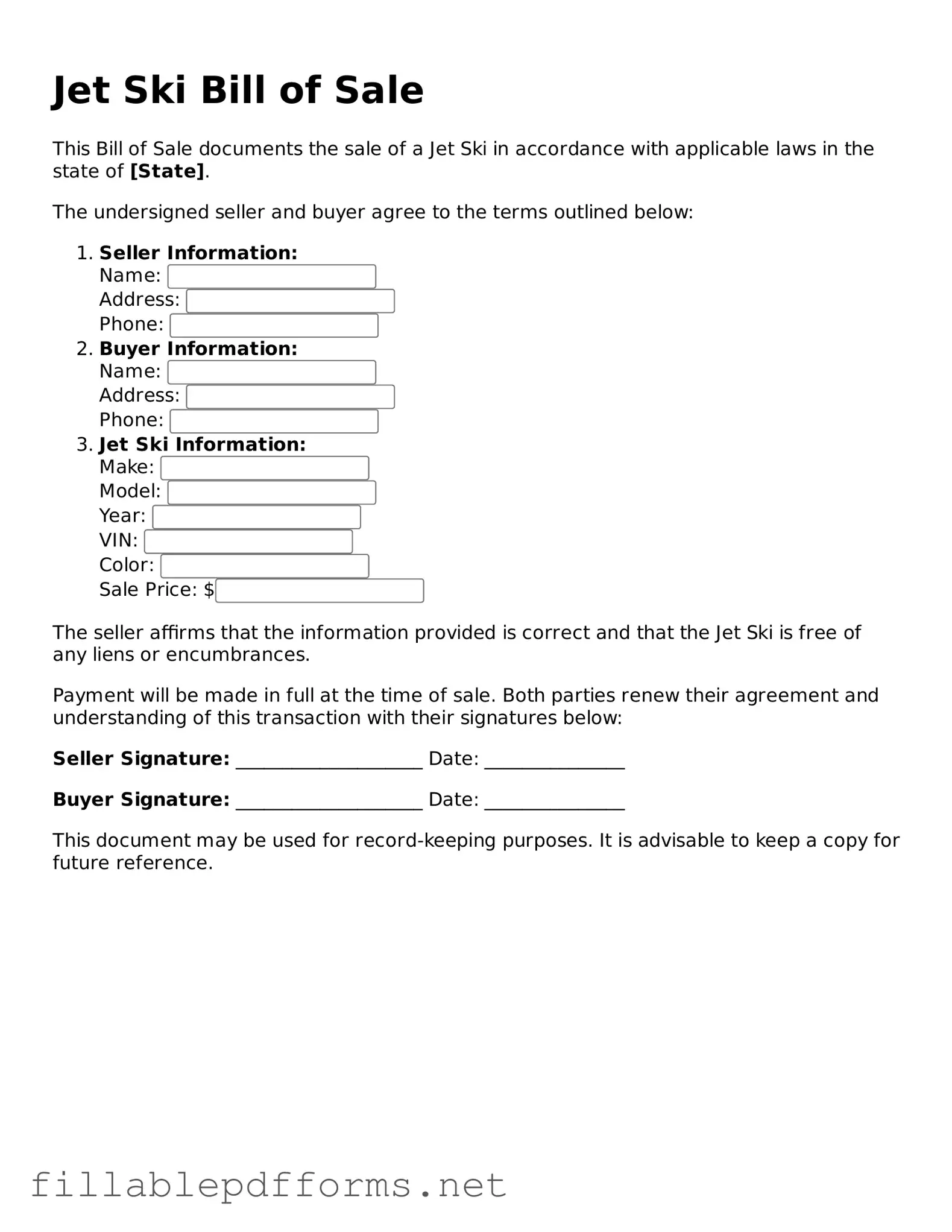 Blank Jet Ski Bill of Sale Template