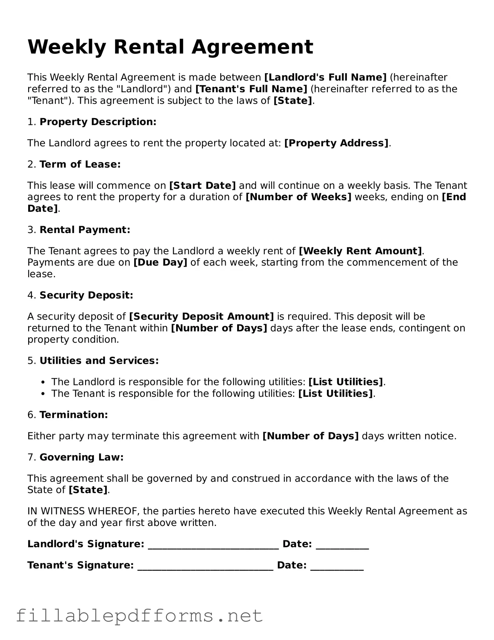 Blank Weekly Rental Agreement Template