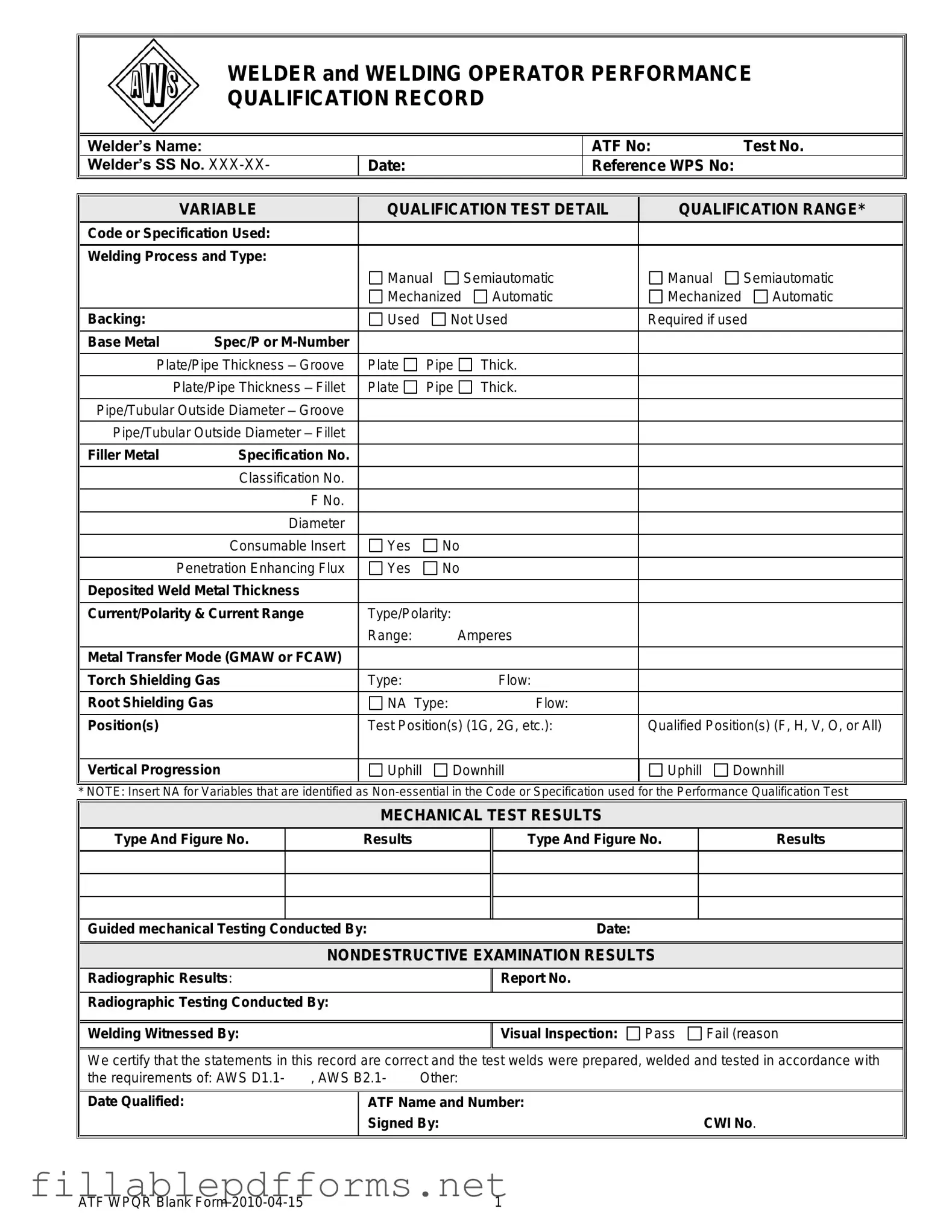 Welder Performance Qualification Record PDF Template