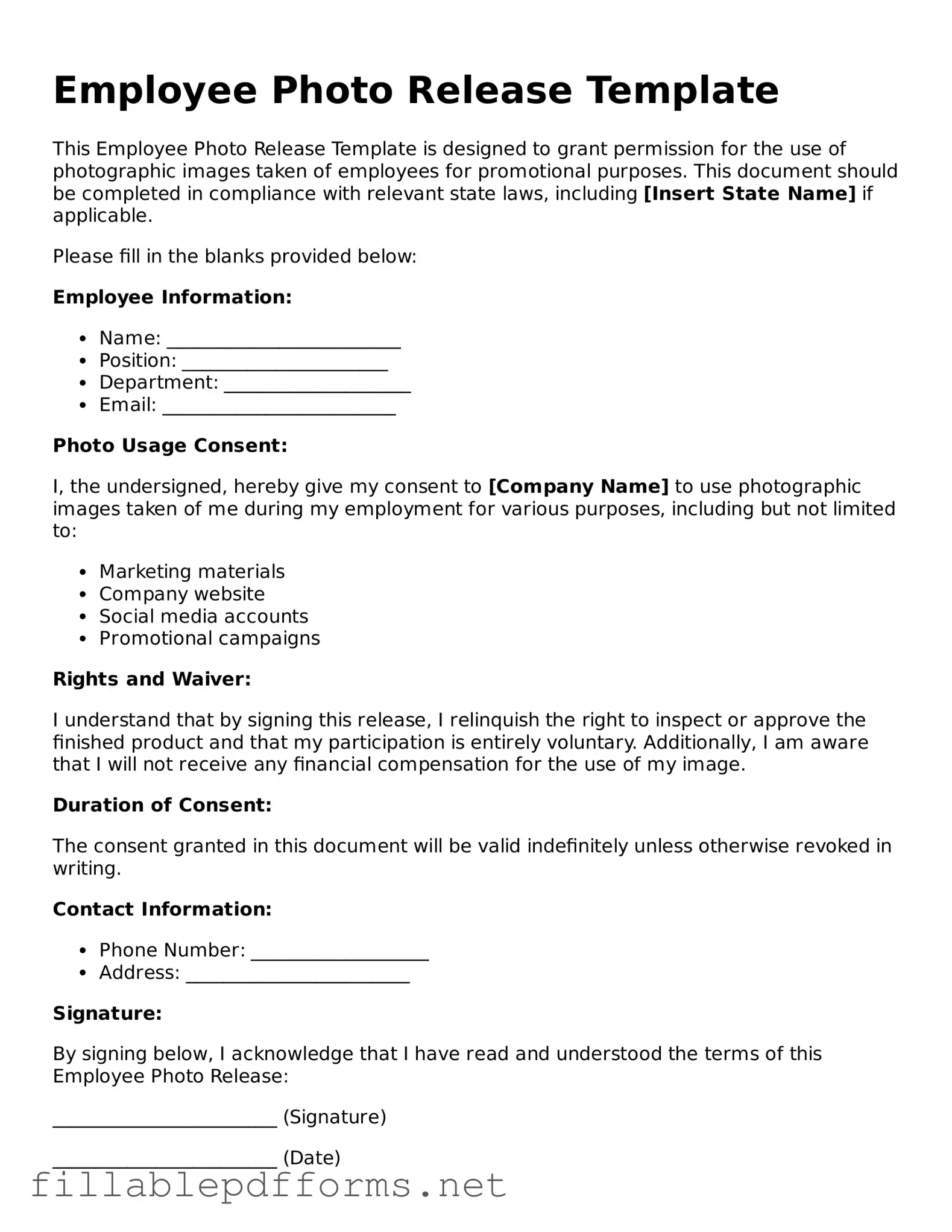 Blank Employee Photo Release Template