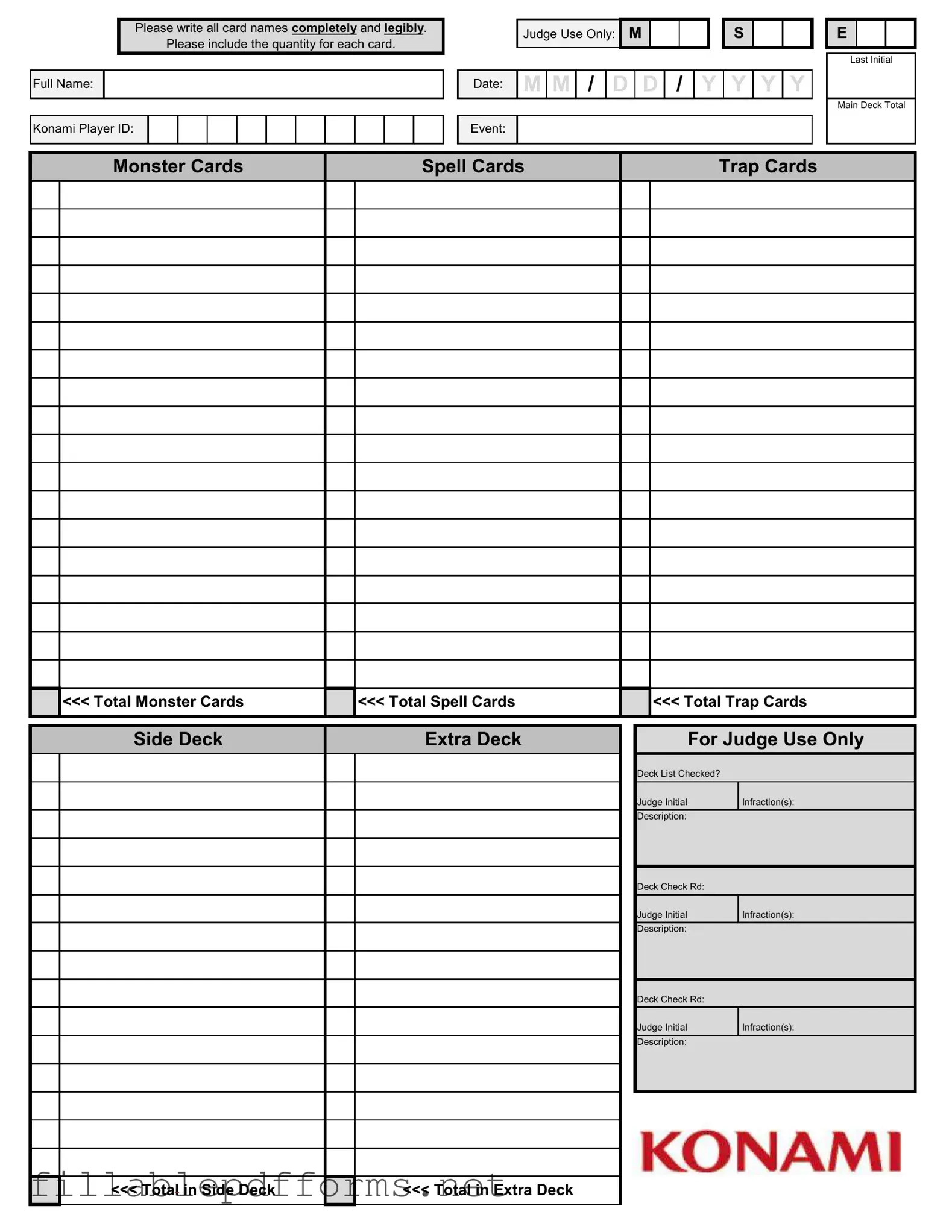 Konami Decklist PDF Template